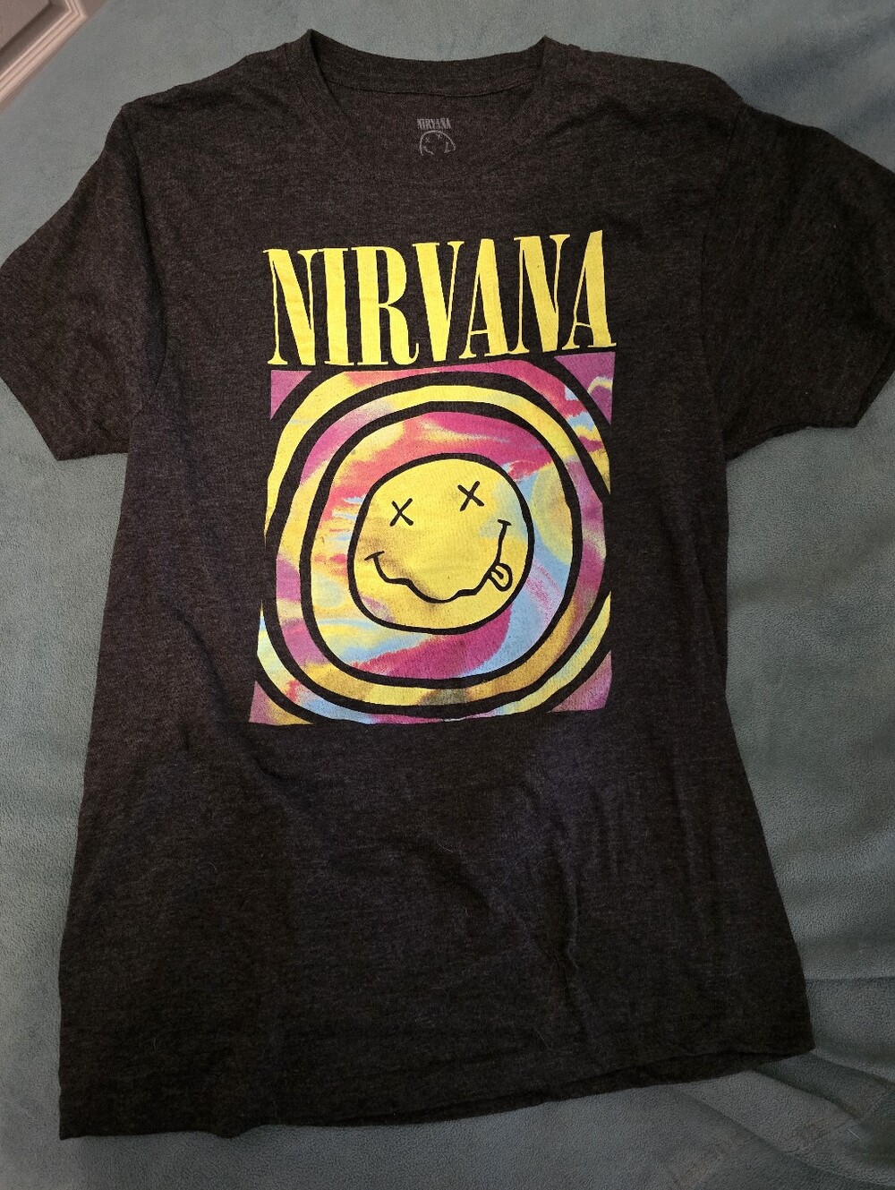 NIRVANA Black Tee with Yellow Smiley and Multicolor Tie-Dye